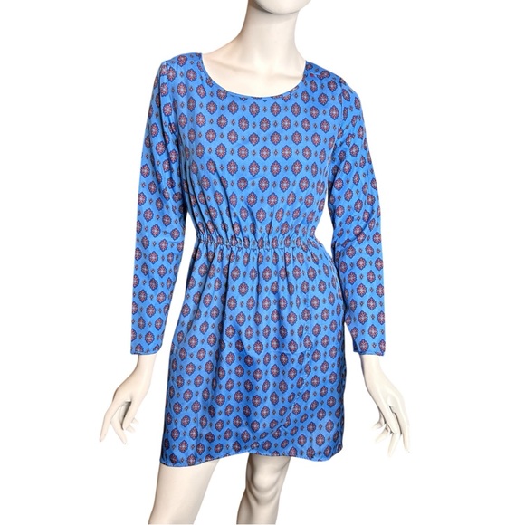 J. Crew Women’s Size 2 Blue Medallion Print Tulip Hem Dress Long Sleeve - Picture 1 of 13